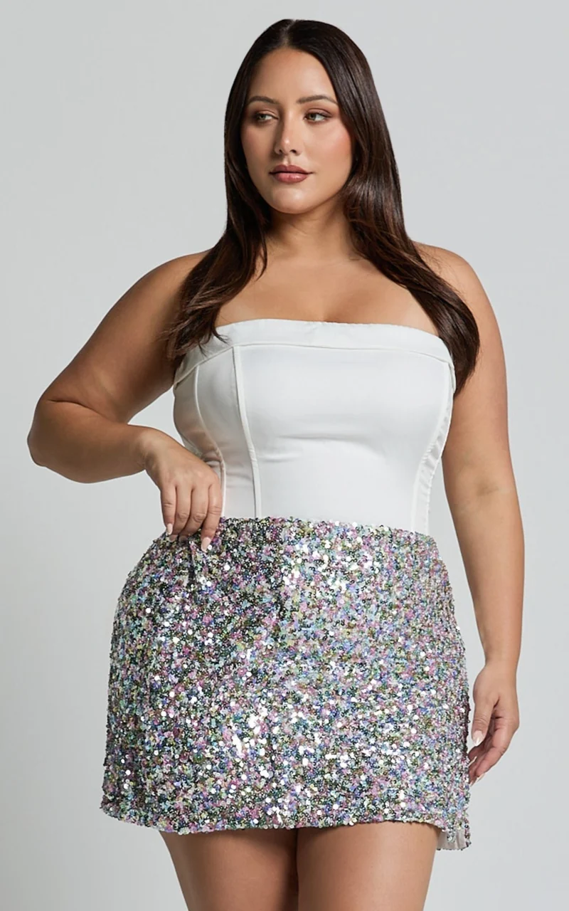 Ingrid Mini Skirt - Sequin Skirt in Rainbow Silver