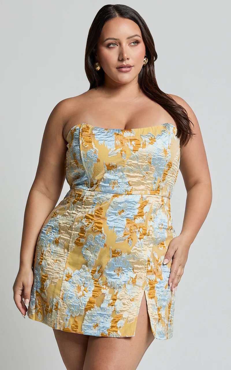Brailey Mini Dress - Strapless Dress in Blue Jacquard