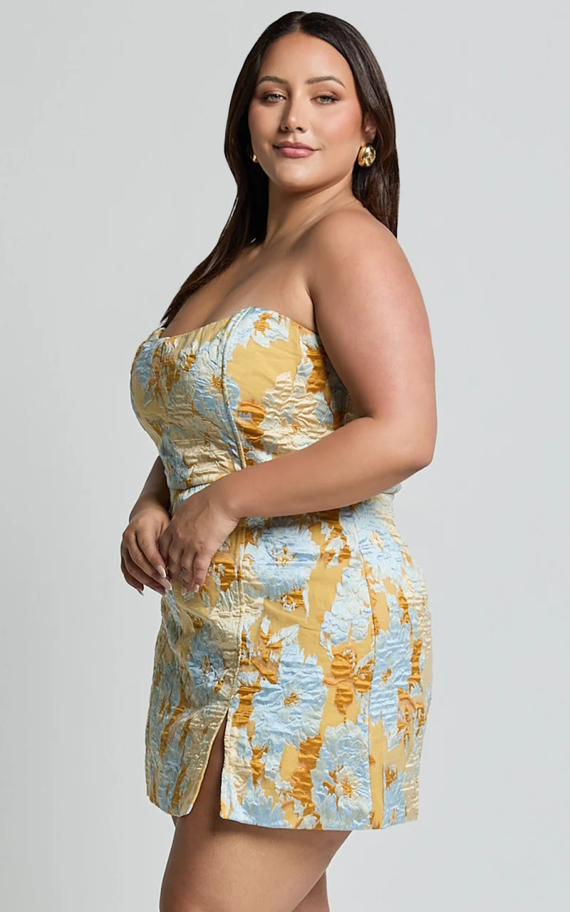 Brailey Mini Dress - Strapless Dress in Blue Jacquard