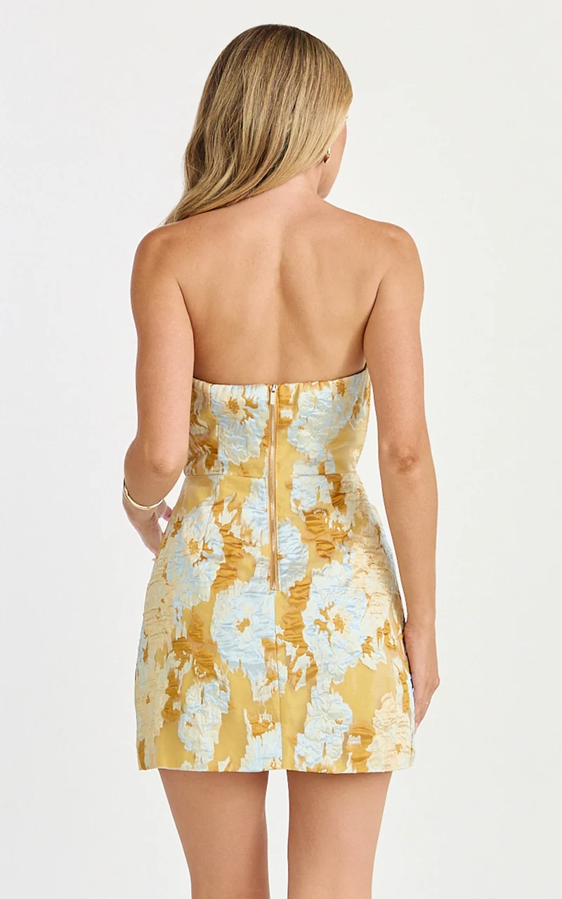 Brailey Mini Dress - Strapless Dress in Blue Jacquard