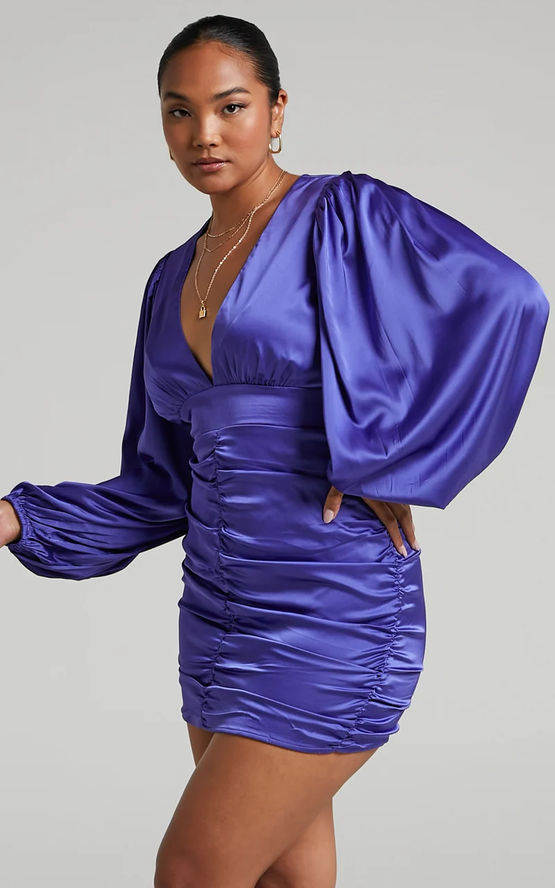 Nicole Mini Dress - Plunge Neck Ruched Dress in Steel Blue