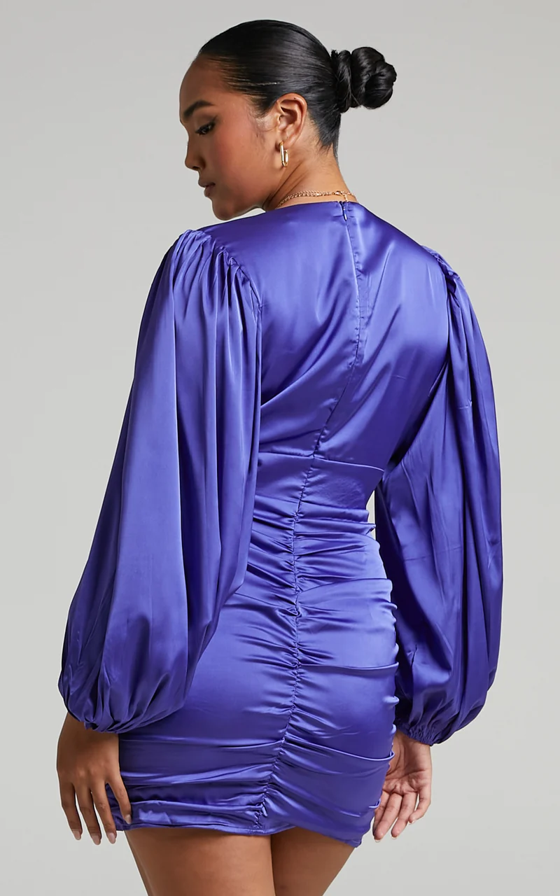 Nicole Mini Dress - Plunge Neck Ruched Dress in Steel Blue