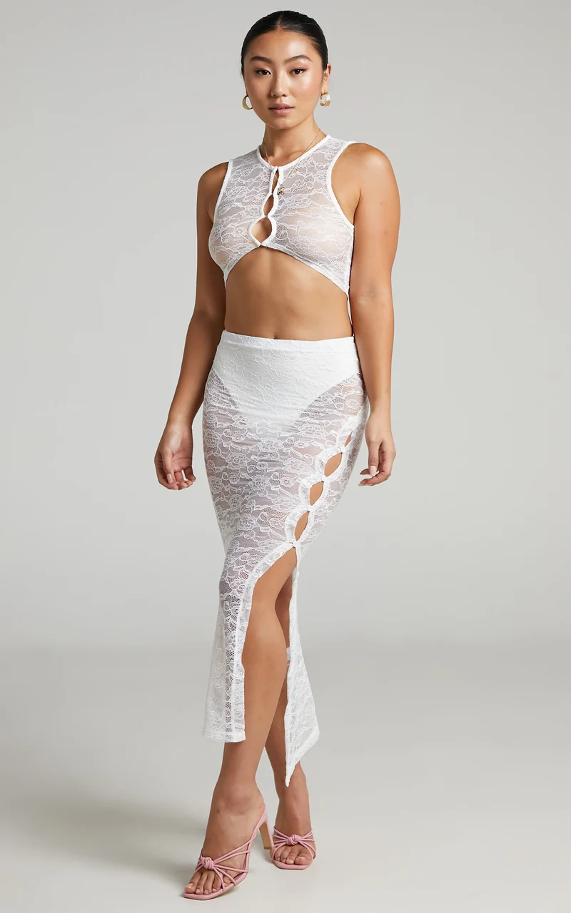 Lioness - Mayfair Lace Midi Skirt in White