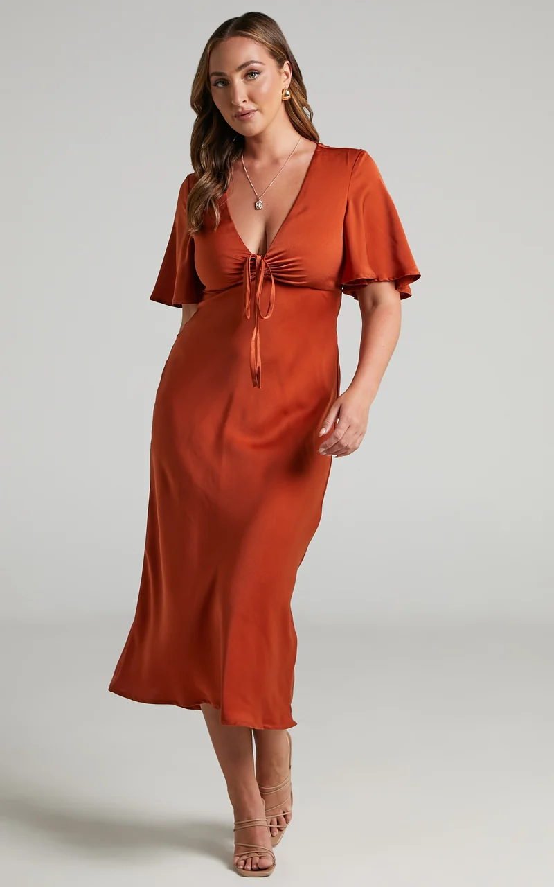 Nicholla Midi Dress - Ruched Front Angel Sleeve Slip Dress in Copper