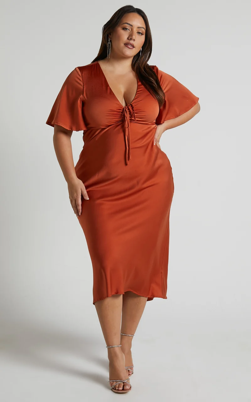 Nicholla Midi Dress - Ruched Front Angel Sleeve Slip Dress in Copper