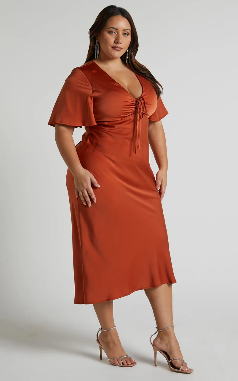 Nicholla Midi Dress - Ruched Front Angel Sleeve Slip Dress in Copper