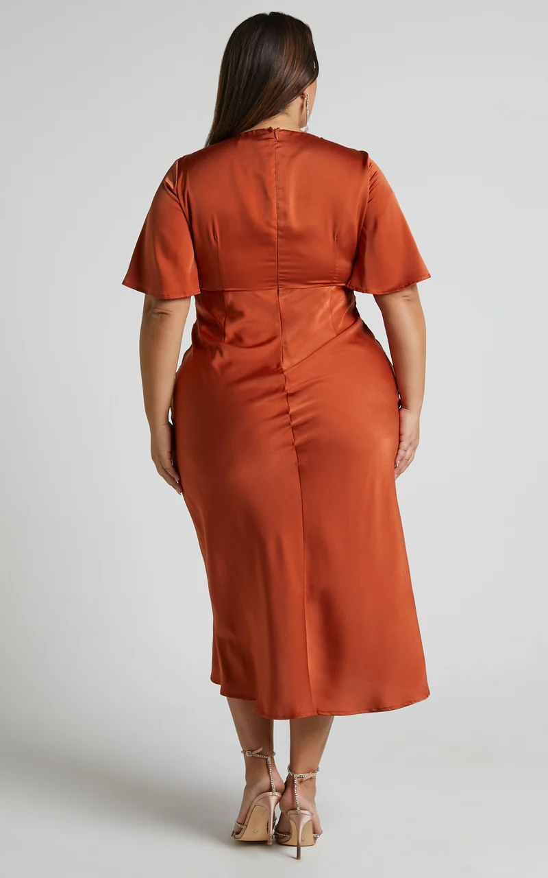Nicholla Midi Dress - Ruched Front Angel Sleeve Slip Dress in Copper