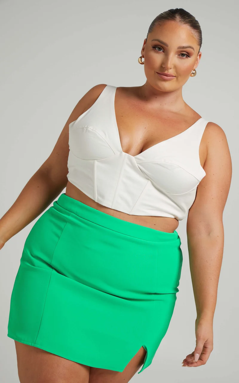 Evelenna Mini Skirt - High Waisted Split Skirt in Green