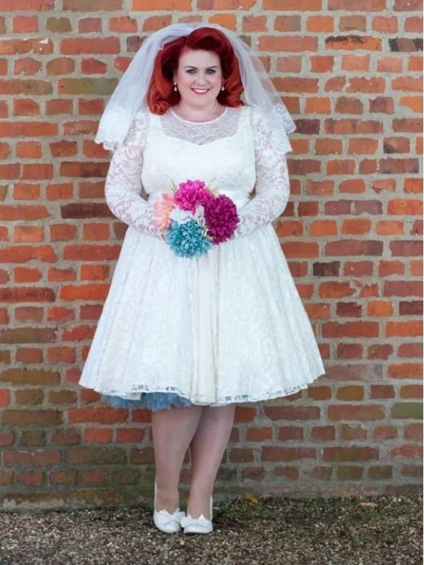 Robes de mariée vintage courtes en dentelle style années 1950, grande taille avec manches