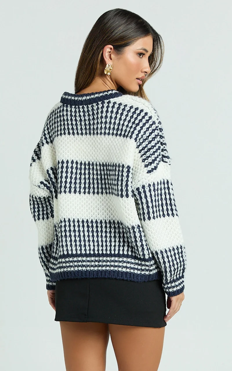 Snuggle Up Jumper - Knit Jumper in Navy Stripe