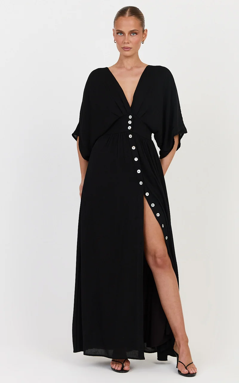 Sitting Pretty Maxi Dress - Short Sleeve Button Down Dress in Black