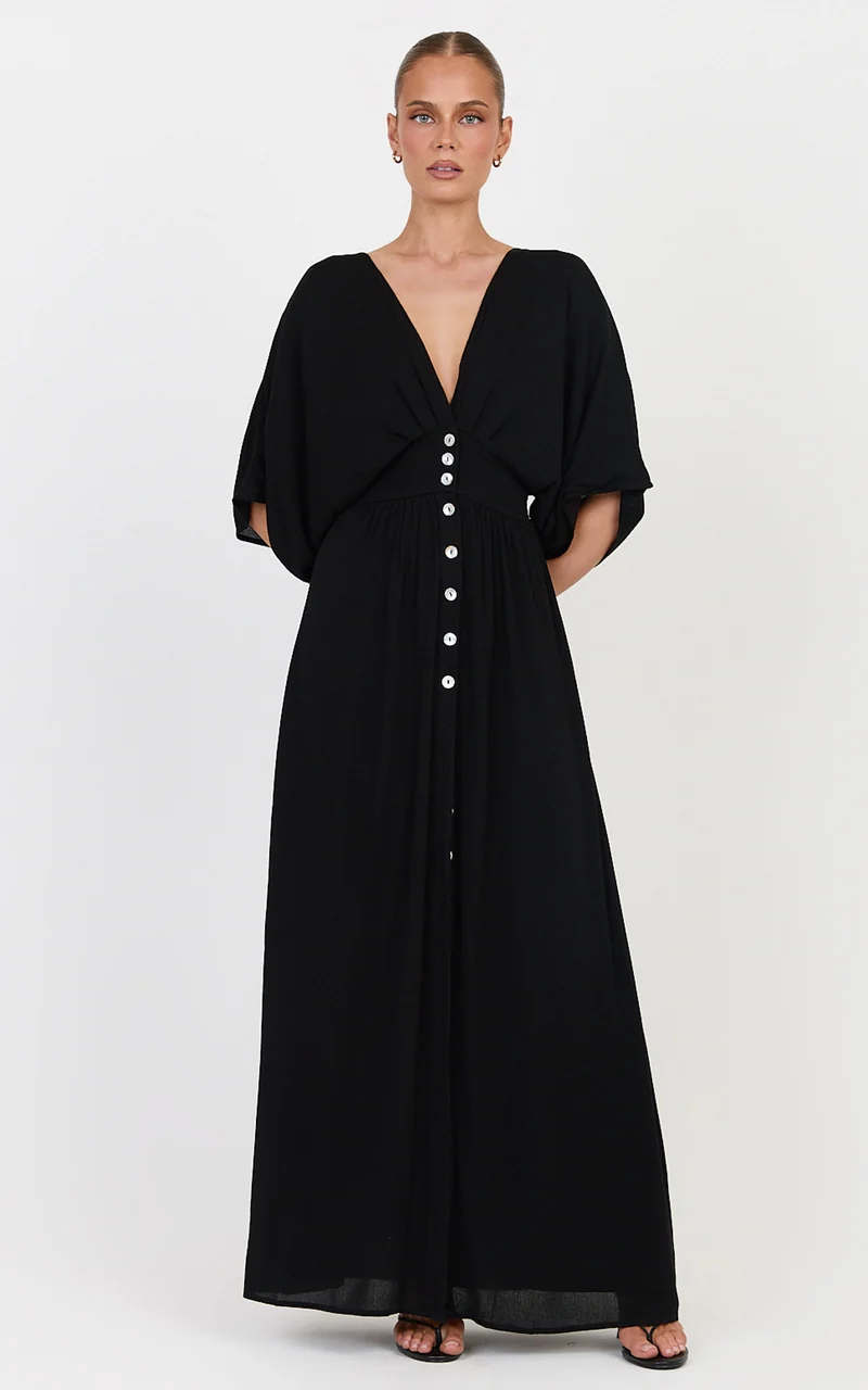 Sitting Pretty Maxi Dress - Short Sleeve Button Down Dress in Black