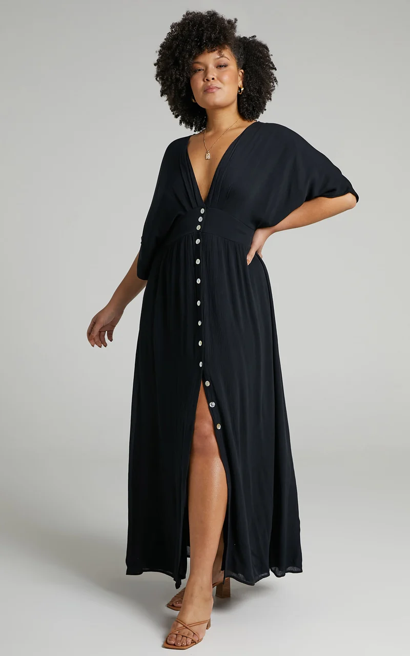 Sitting Pretty Maxi Dress - Short Sleeve Button Down Dress in Black
