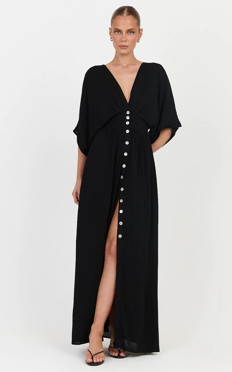 Sitting Pretty Maxi Dress - Short Sleeve Button Down Dress in Black