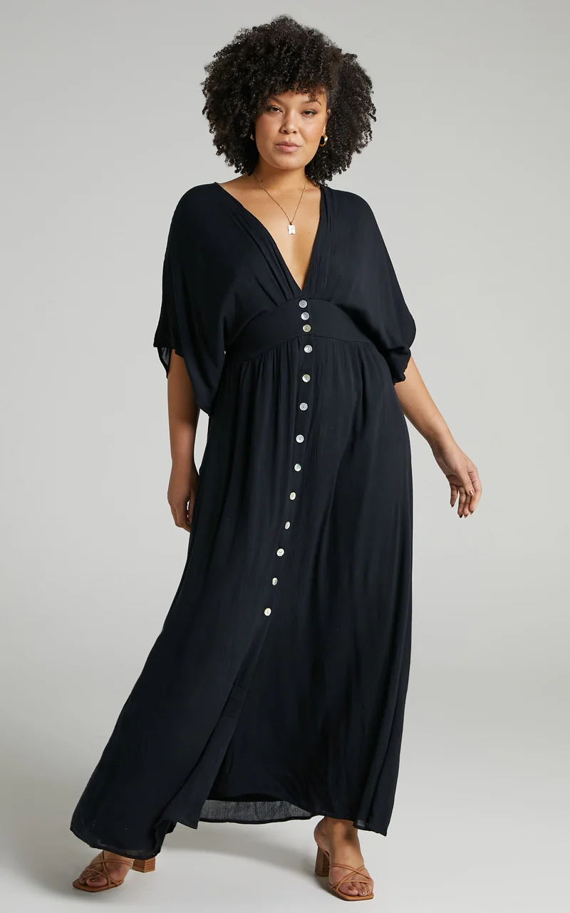 Sitting Pretty Maxi Dress - Short Sleeve Button Down Dress in Black