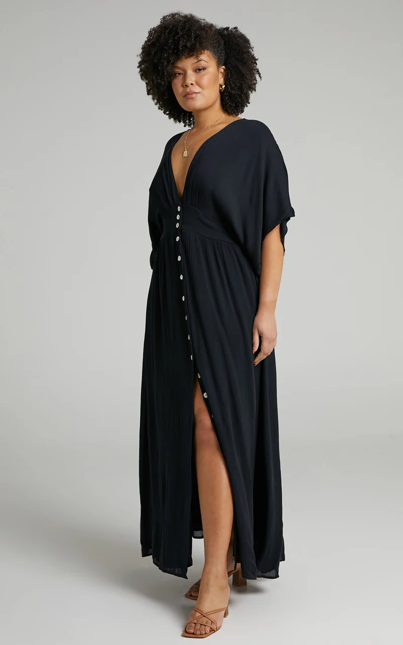 Sitting Pretty Maxi Dress - Short Sleeve Button Down Dress in Black