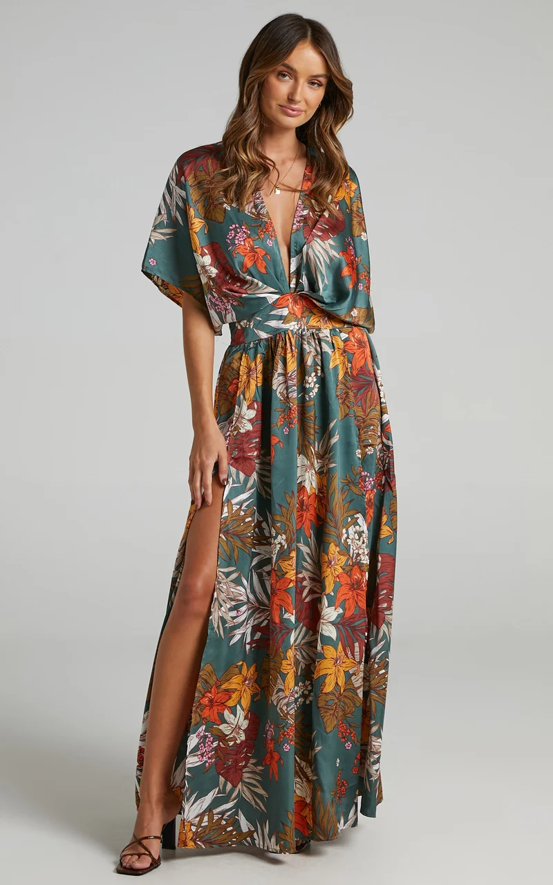 Vacay Ready Maxi Dress - Plunge Thigh Split Dress in Teal Floral Satin