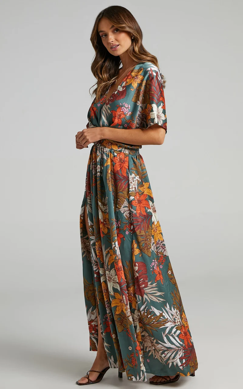 Vacay Ready Maxi Dress - Plunge Thigh Split Dress in Teal Floral Satin