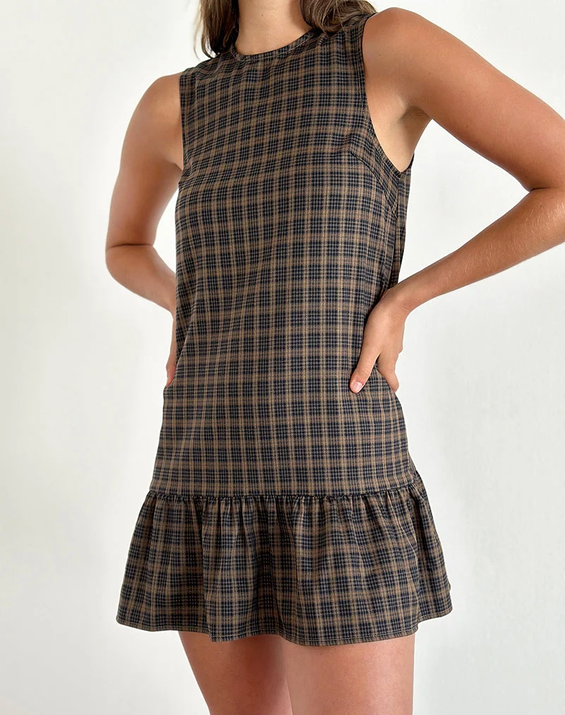 Samana Babydoll Mini Dress in Check Dark Brown (Mini robe à carreaux pour bébé)