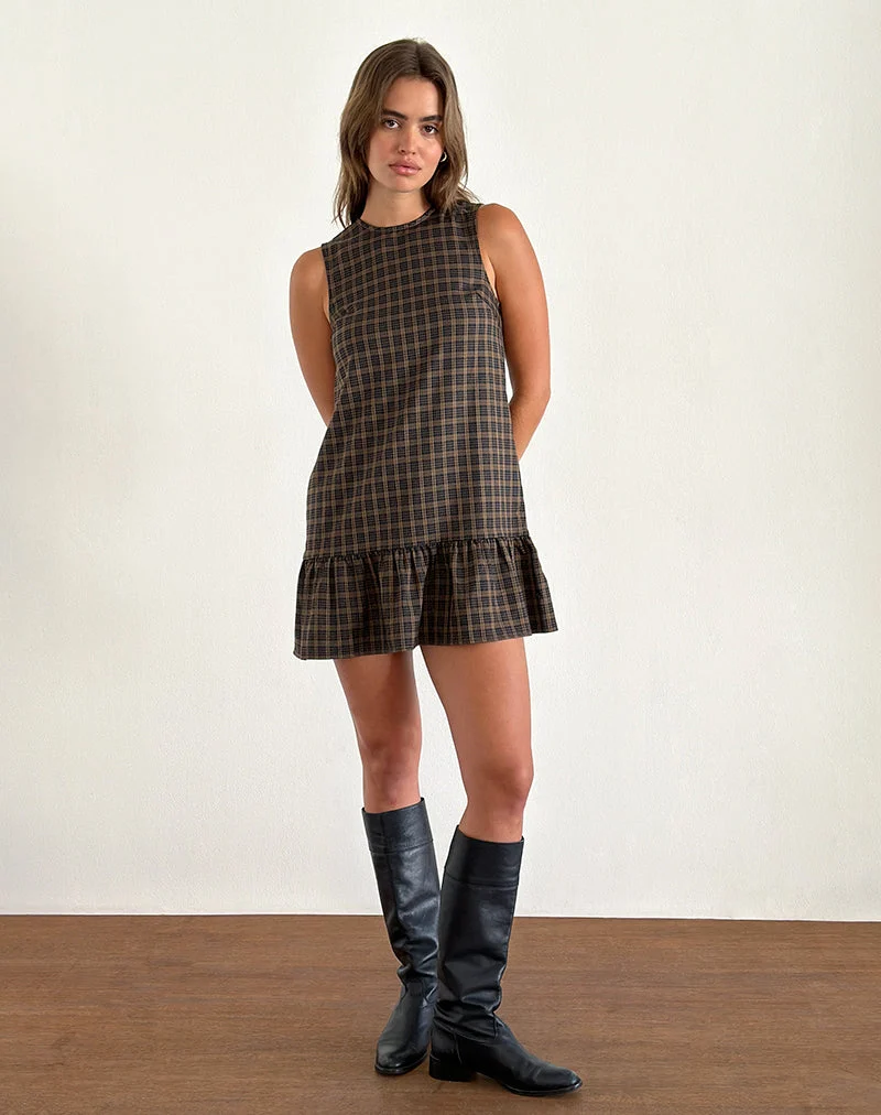 Samana Babydoll Mini Dress in Check Dark Brown (Mini robe à carreaux pour bébé)
