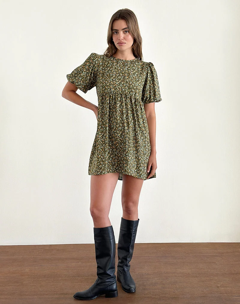 Marate - Mini robe à manches bouffantes en tissu floral grunge kaki