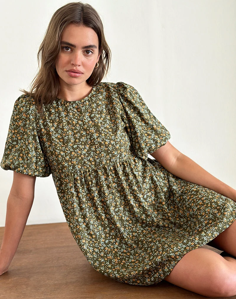 Marate - Mini robe à manches bouffantes en tissu floral grunge kaki
