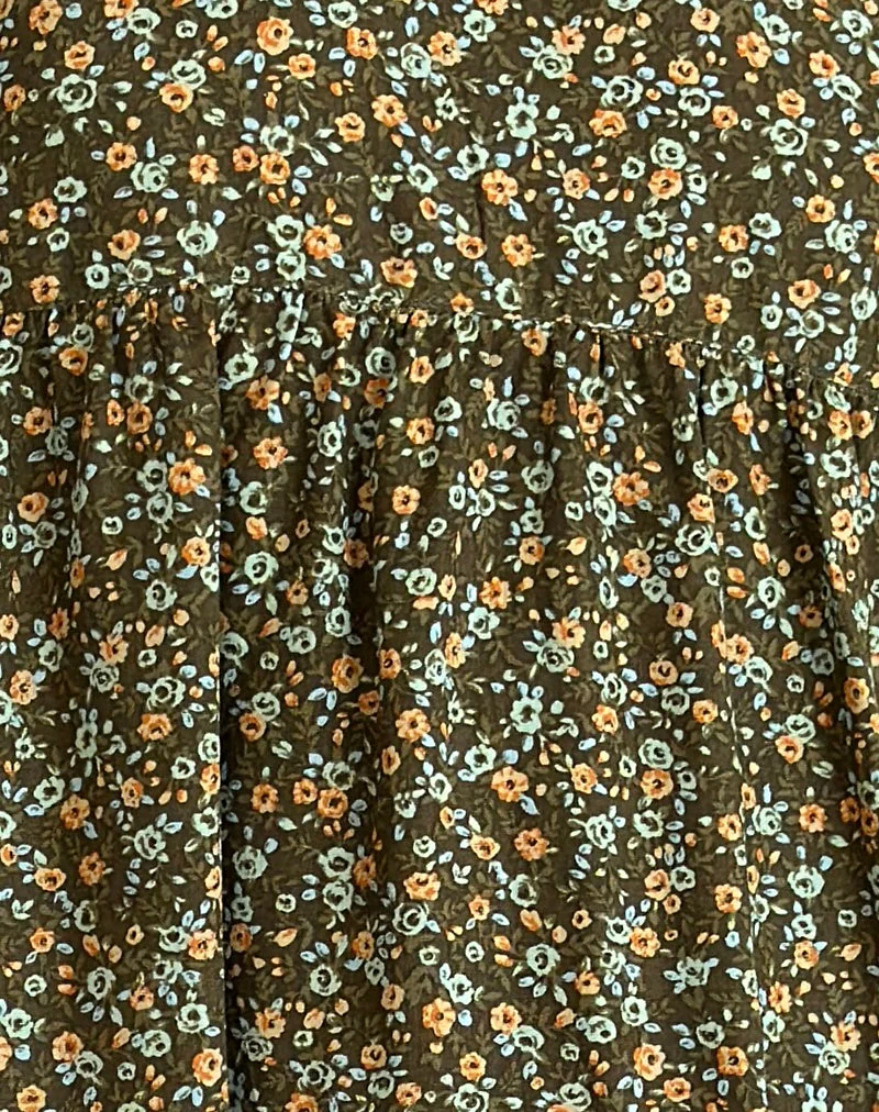 Marate - Mini robe à manches bouffantes en tissu floral grunge kaki