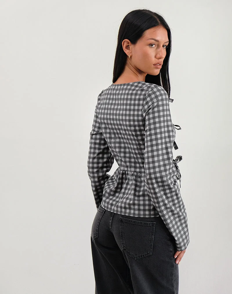 Bertaria Long Sleeve Top in Tonal Gingham Black and Grey (Top à manches longues Bertaria en vichy ton sur ton noir et gris)