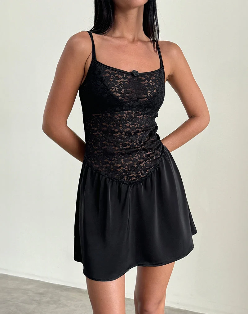 Alunan Slip Dress en satin et dentelle noir