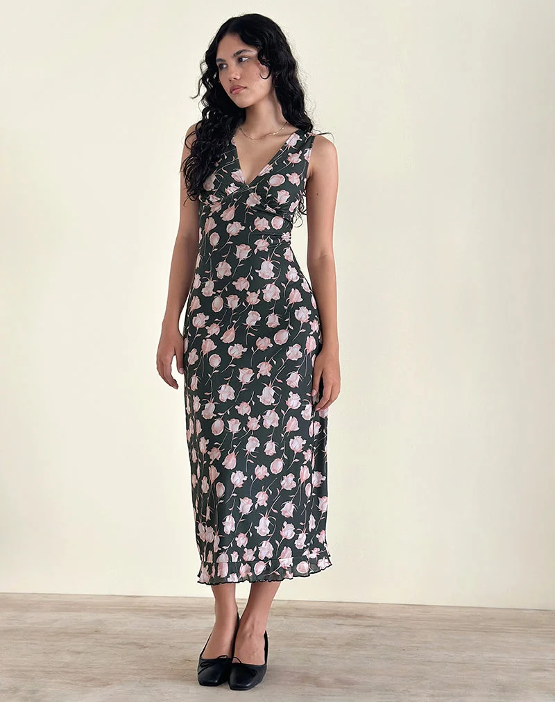 Robe midi Gabriela, Falling Rose Jet Black
