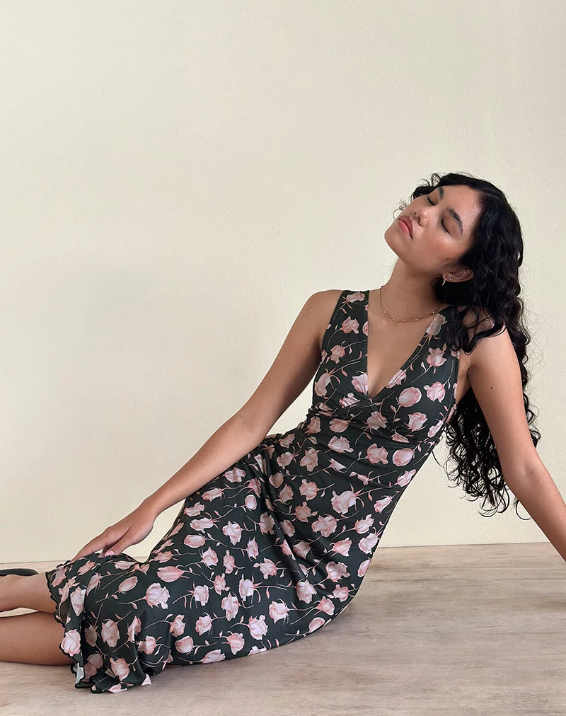 Robe midi Gabriela, Falling Rose Jet Black