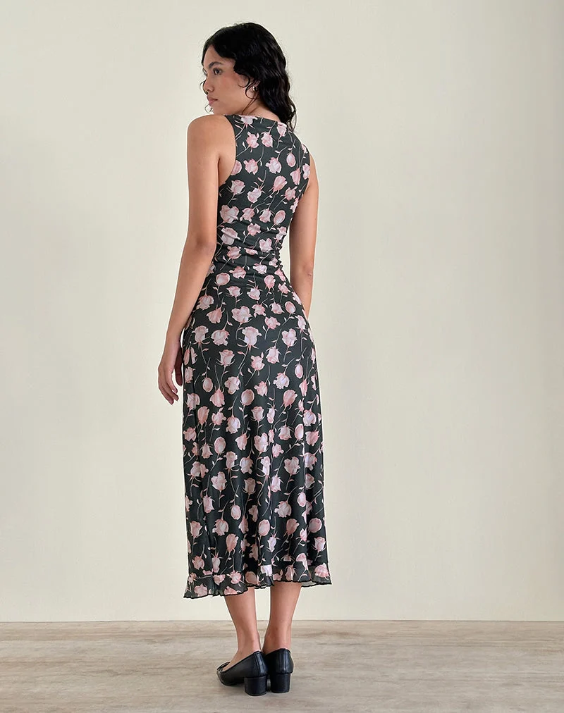 Robe midi Gabriela, Falling Rose Jet Black