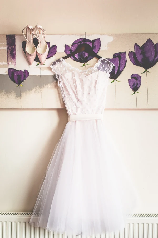 Robe de mariée blanche à pois, longueur thé, robe de mariée des années 50