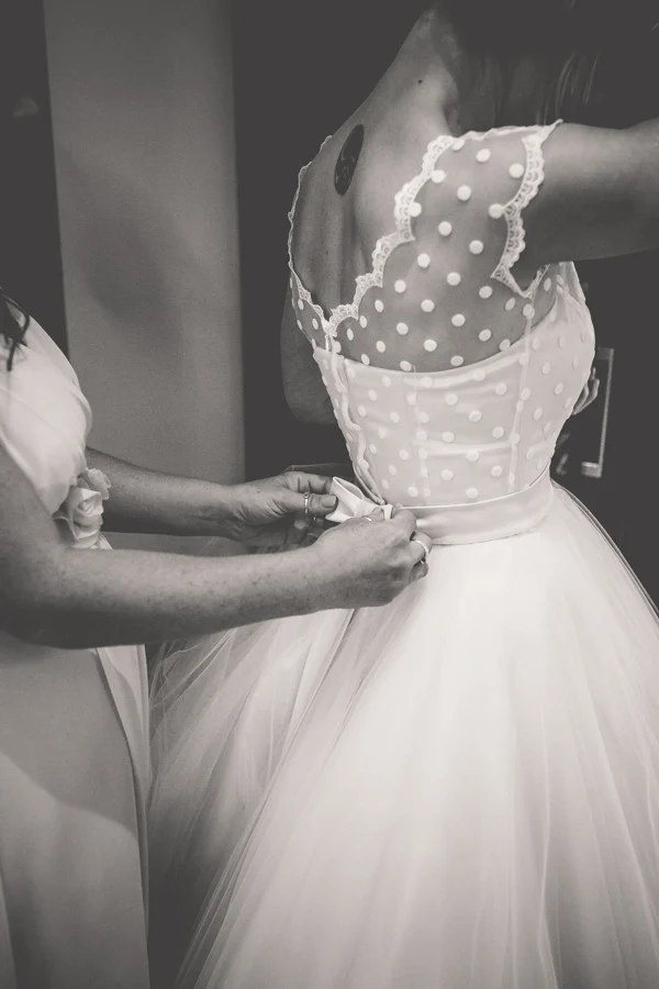 Robe de mariée blanche à pois, longueur thé, robe de mariée des années 50