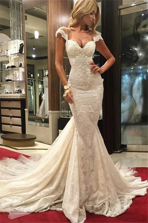Robe de mariée charmante sirène dos nu en dentelle avec dos ouvert