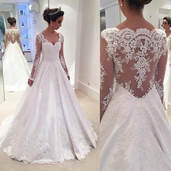 Robe de mariée trapèze en dentelle à manches longues et col en V transparente au dos et aux épaules dénudées