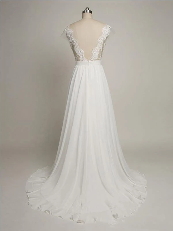 Voir à travers la dentelle Top A-Line robe de mariée de plage en mousseline de soie