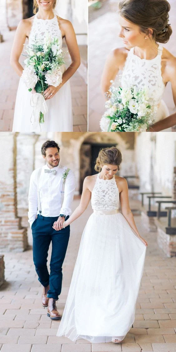 Voir à travers licou dentelle haut transparent dos nu robe de mariée Boho