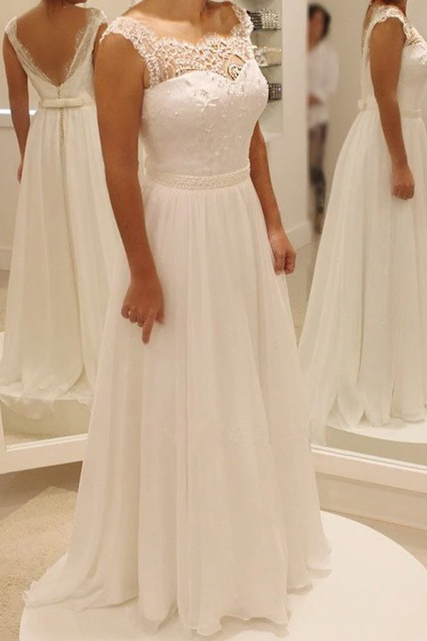 Robes de mariée trapèze simples en dentelle rustique avec col illusion