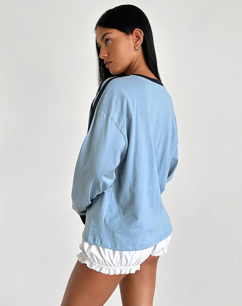 Top à manches longues Prata en bleu Nantucket avec bordures en bleu marine