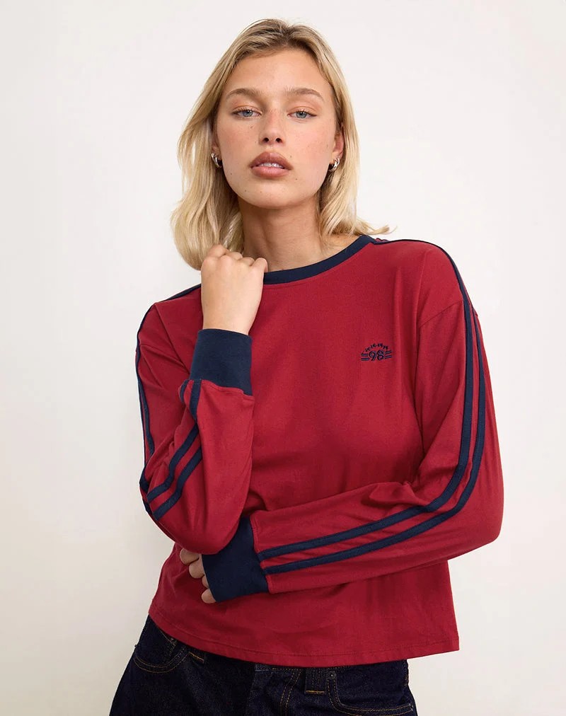 Prata Long Sleeve Top in Adrenaline Red with Navy Binding (Top à manches longues Prata, rouge adrénaline et reliure marine)