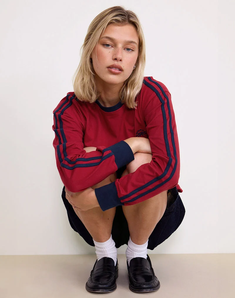 Prata Long Sleeve Top in Adrenaline Red with Navy Binding (Top à manches longues Prata, rouge adrénaline et reliure marine)