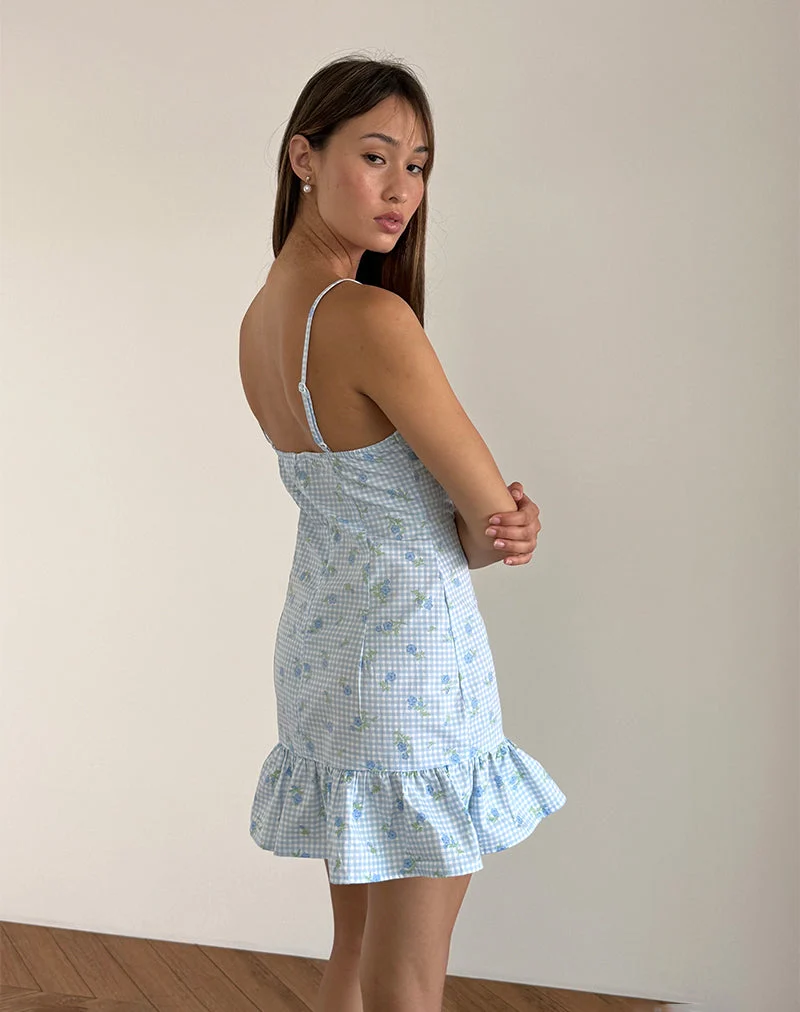 Mini robe Tivata en vichy fleuri bleu