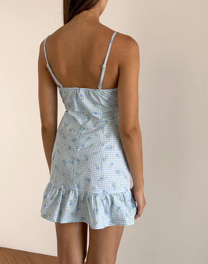 Mini robe Tivata en vichy fleuri bleu