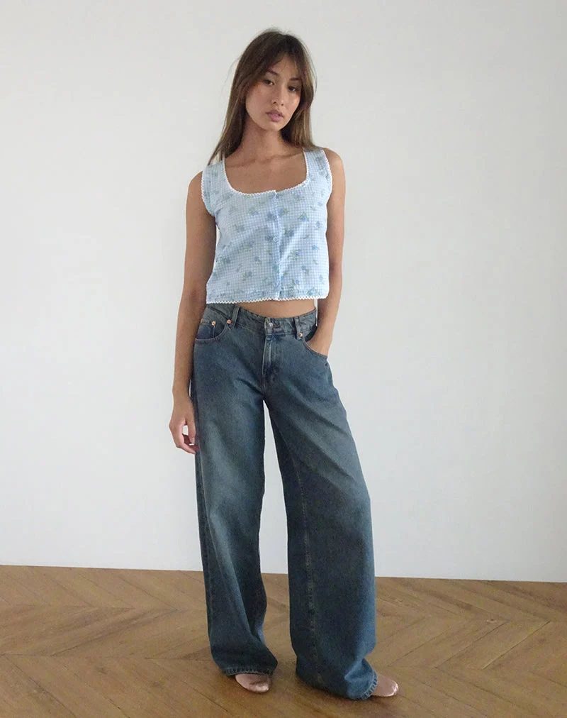 Top Ternya en vichy à fleurs bleues