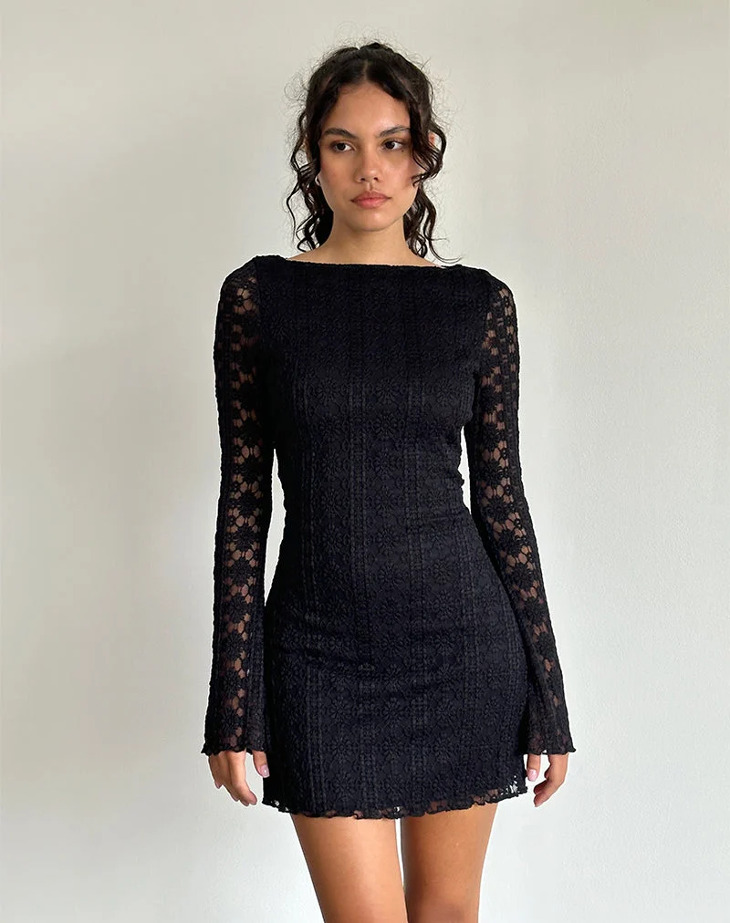 Mini robe à manches longues Sevila en dentelle royale noire