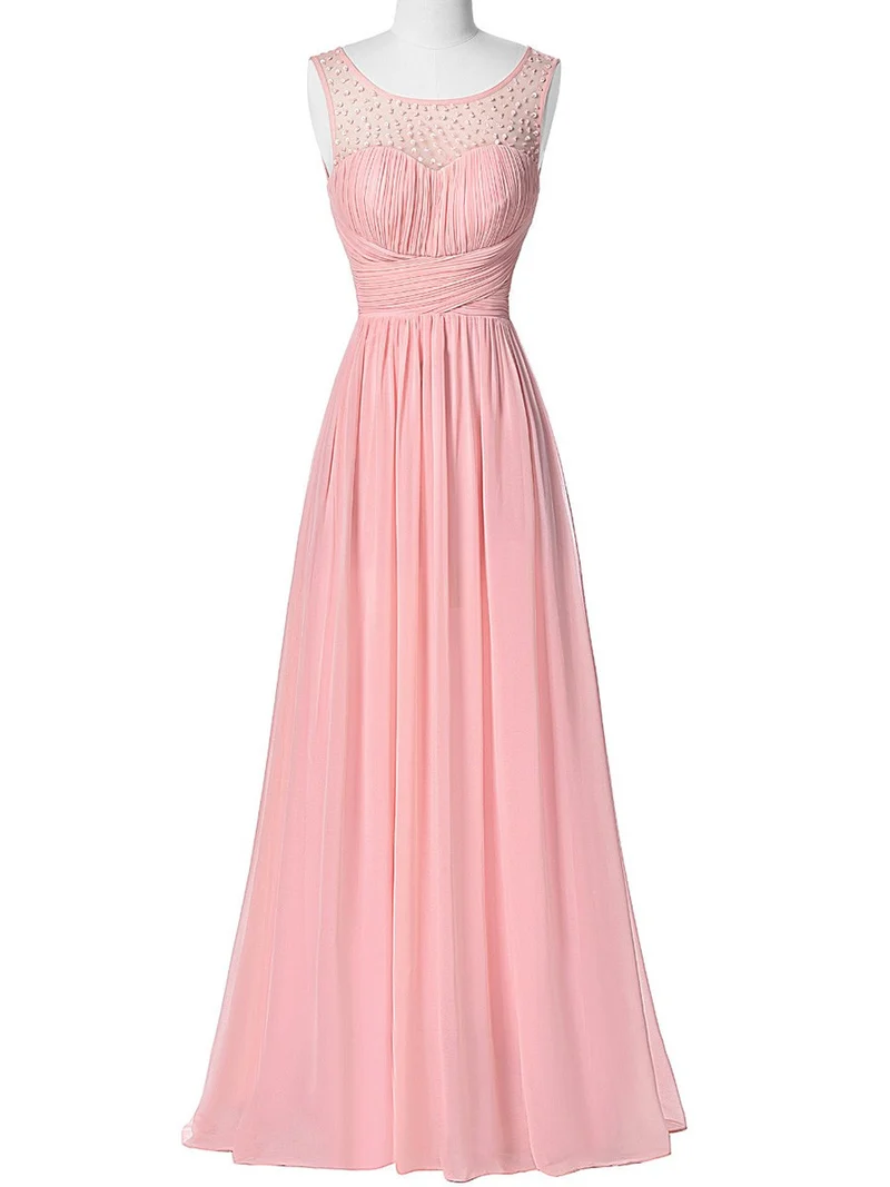 Robe de demoiselle d'honneur longue en mousseline de soie à col illusion unique rose rose