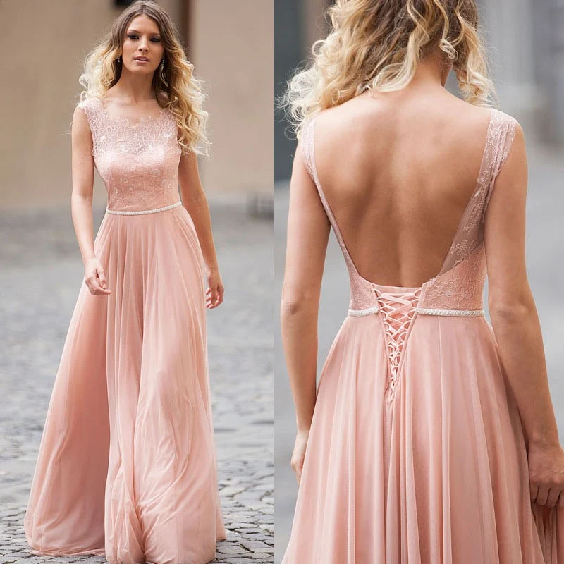 Blush rose Illusion cou dentelle haut a-ligne en mousseline de soie longue dos nu robes de demoiselle d'honneur