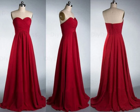 Mousseline de soie plissée corsage longues bretelles robes de demoiselle d'honneur rouge