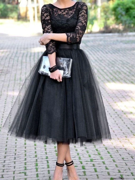 Robes de demoiselle d'honneur, jupe en Tulle deux pièces, longueur thé noir, robes de demoiselle d'honneur avec manches, robe de bal noire, FS081